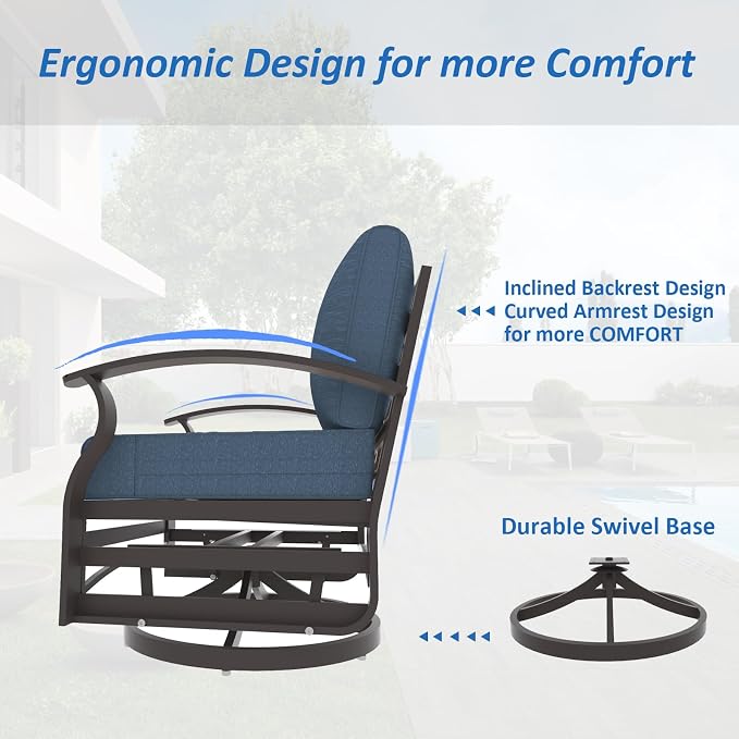 ALAULM 3 Piece Aluminum Outdoor Swivel Chairs High Back Metal Swivel Rocking Chairs with 5.1" Sponge Cushions &1 Coffee Table for Patio, Porch, Backyards, Garden(DarkBlue)