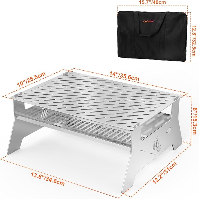 Onlyfire Portable Charcoal Grill, Heavy Duty Stainless Steel | Foldable Barbecue Grill, Carry Bag and BBQ Tong, For Patio Backyard, Outdoor Camping, Picnic and Hikin