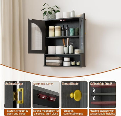 Bathroom Wall Cabinet, Over Toilet Storage Cabinet, Wall Mounted Medicine Cabinet with Arched Glass Doors & Adjustable Shelves, Bathroom Storage Cabinet with Open Storage Shelf, Black