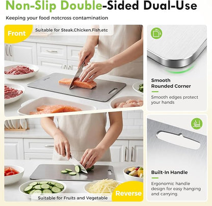 Titanium Cutting Board Set of 3, Double-Sided Kitchen Chopping Boards Highlights: Sectioned prep surface, food-grade safe material, scratch-resistant surface, easy-to-clean design, dishwasher safe