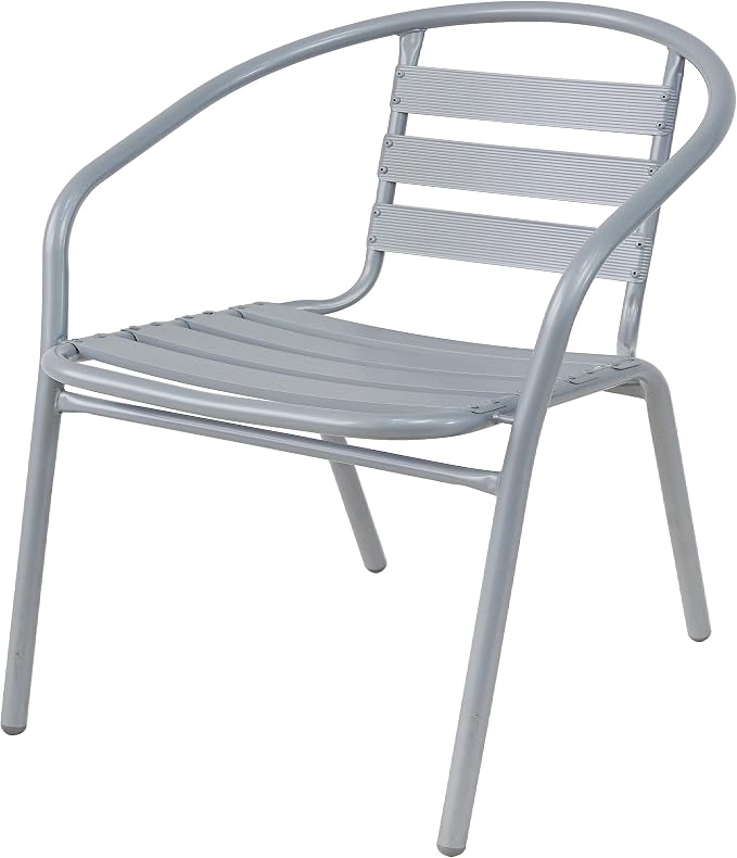 Gray Indoor Outdoor 23.75" Restaurant Stainless Steel Silver Aluminum + 4 Metal Slat Stack Lightweight, 4 Chairs with a Round Table