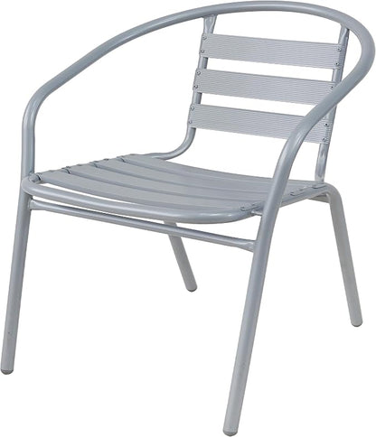 Gray Indoor Outdoor 23.75" Restaurant Stainless Steel Silver Aluminum + 4 Metal Slat Stack Lightweight, 4 Chairs with a Round Table