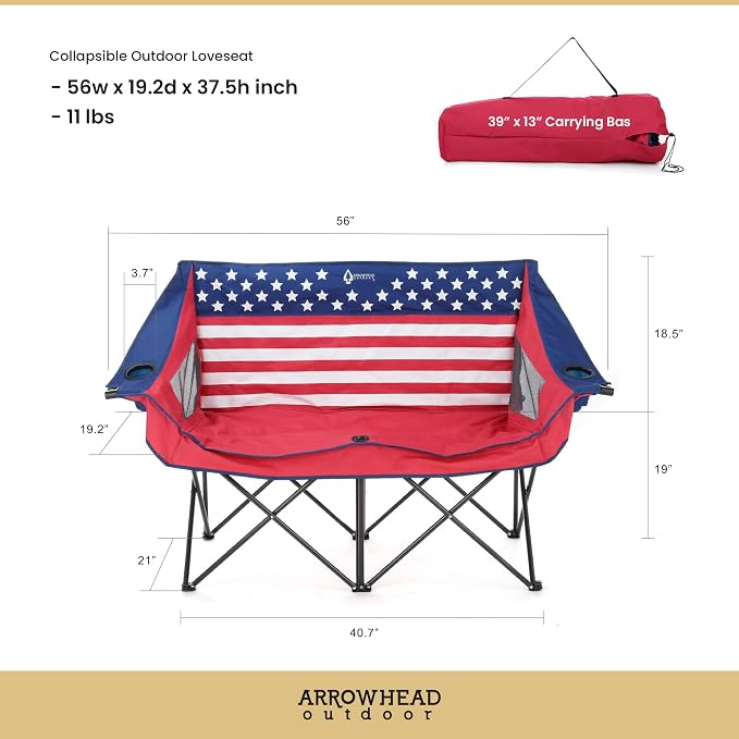 ARROWHEAD OUTDOOR 2-Pack Portable Folding Camp Loveseat Chair w/Glass & Cup Holders, Heavy Duty Carry Bag, 650 lbs Weight Capacity | Glass & Cup Holders, Heavy Duty Carry Bag, 650 lbs Weight Capacity, Beach, Tailgating, Fishing, Patio, Hunting, Backyar...
