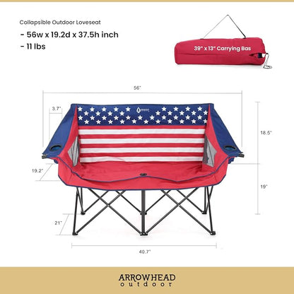 ARROWHEAD OUTDOOR 2-Pack Portable Folding Camp Loveseat Chair w/Glass & Cup Holders, Heavy Duty Carry Bag, 650 lbs Weight Capacity | Glass & Cup Holders, Heavy Duty Carry Bag, 650 lbs Weight Capacity, Beach, Tailgating, Fishing, Patio, Hunting, Backyar...