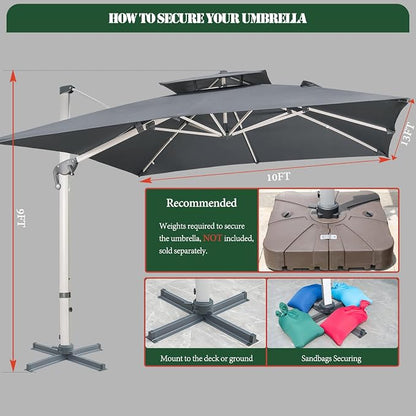 Cantilever Patio Umbrella with Cross Base and Cover Included - 360° Rotation Large Heavy Duty Offset Outdoor Umbrella with Easy Tilt for Pool Backyard Deck Garden (10x13 FT Grey)