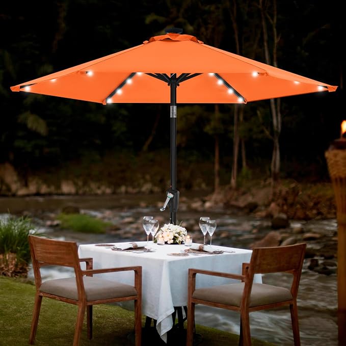 MASTERCANOPY 7.5ft Patio Umbrella with Solar Lights, Orange | 6 Ribs, 24 Solar LED Lights, Tilt & Crank, UV/Water-Resistant, Easy Setup – Ideal for Garden, Deck, Pool