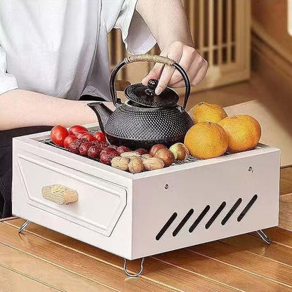 Desktop Charcoal Grill for Picnic, Portable Charcoal BBQ Grill Stove – Iron Hibachi Barbecue Grills, Tea Making Stove Set Tabletop Small Barbecue Grill for Outdoor (White)