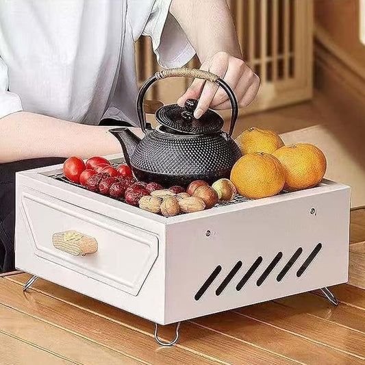 Desktop Charcoal Grill for Picnic, Portable Charcoal BBQ Grill Stove – Iron Hibachi Barbecue Grills, Tea Making Stove Set Tabletop Small Barbecue Grill for Outdoor (White)