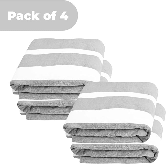 Superior Cabana Cotton Lounge Chair Cover, Outdoor Towel/Chaise Furniture Covers, Terry Cloth, Beach, Spa, Swim Accessories, Pool Chair Cover, Soft, Quick Drying, 32" x 102", Set of 4, Light Grey