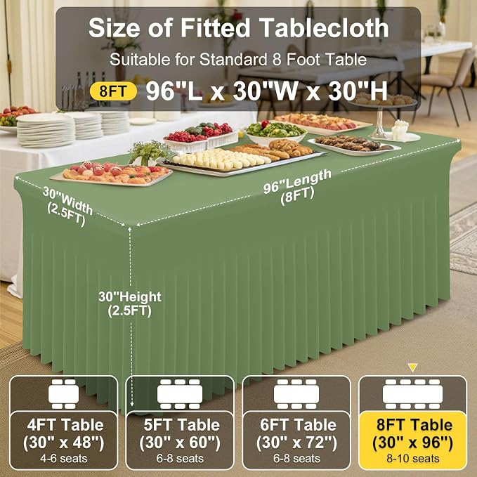 Smiry Spandex Elastic Fitted Table Cloth Skirt for 8FT Rectangle Table | Stretch Washable Table Cloth, Banquet Table Cover for Wedding, Party, Indoor & Trade Shows, (Sage Green, 96Lx30Wx30H)