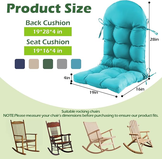 Rocking Chair Cushions, Indoor/Outdoor Adirondack Chair Cushion, Waterproof and Fade-Resistant Rocking Chairs Pads, Non-Slip Tufted High Back Patio Chairs Cushions with Ties, 44x19x4 Inch, Teal