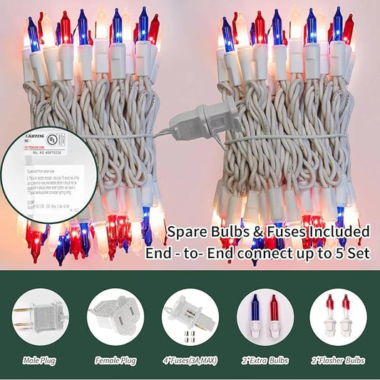 LAMPHOME Red White Blue String Lights, 300 White Wire Fairy Lights, 4th of July Patriotic Lights, Memorial Day Outdoor Fairy Lights for Independence Day Patriotic Decor