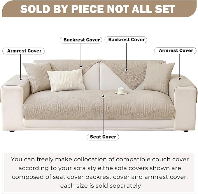 vctops Cotton Quilted Couch Covers for Sectional Sofa (Khaki,36"x94") | Geometric Washable Non Slip Sofa Slipcover for Dogs, Children, Pets Furniture Protector Cover