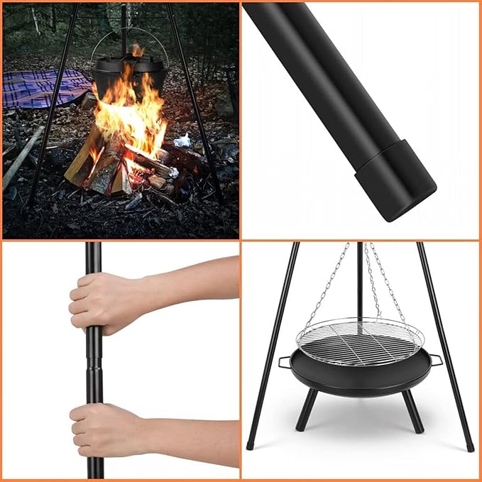 Portable Charcoal Grill for Camping BBQ Grills Outdoor Barbecue Grill with Adjustable Height Tripod Fire Pit and Stainless Steel Net for Campfire Cooking Patio Heater and Pot Rack,A-1