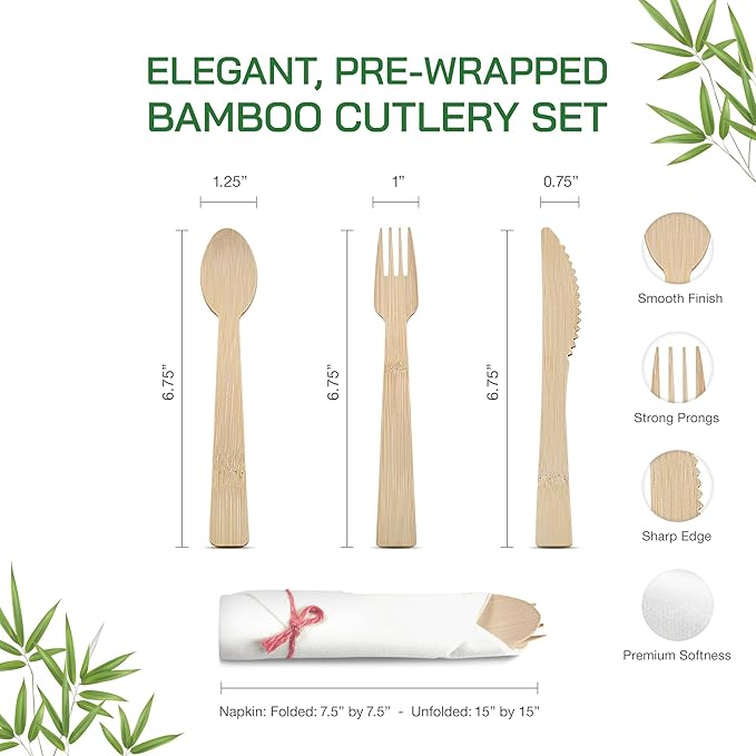 Prerolled Disposable Bamboo Cutlery Set – 25 Pack Pre Wrapped Silverware and Napkin Bundle with Forks, Knives, Spoons for Parties, Weddings, Events, and BBQ (Pink String)