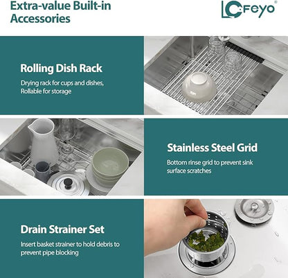 23x19 Inch Kitchen Sink Undermount Small Wet Bar Sink Workstation 16 Gauge 304 Stainless Steel Handmade Contemporary Ledge Single Bowl Deep Sink