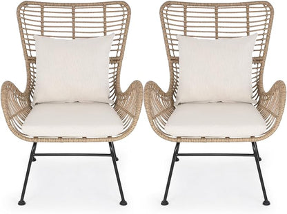 IDZO Isabelle Upgraded 2000 Hours UV Wicker Chairs Outdoor Set of 2, 500 lbs Capacity Outdoor Patio Chair, All-Weather Club Chair with Water-Resistant Olefin Cushions, Boho Style, Beige