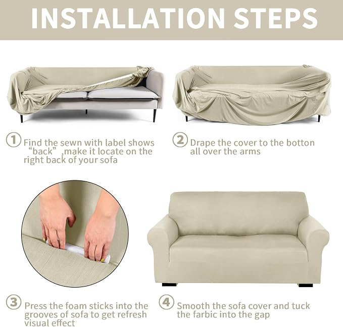 Peryiter 3 Pcs Couch and Loveseat Sofa Covers,Beige,Milk Silk | Armchair Covers for Living Room, Sofa Cushion Slipcover, Furniture Protector, Polyester and Spandex, Washable