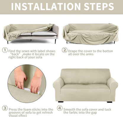 Peryiter 3 Pcs Couch and Loveseat Sofa Covers,Beige,Milk Silk | Armchair Covers for Living Room, Sofa Cushion Slipcover, Furniture Protector, Polyester and Spandex, Washable
