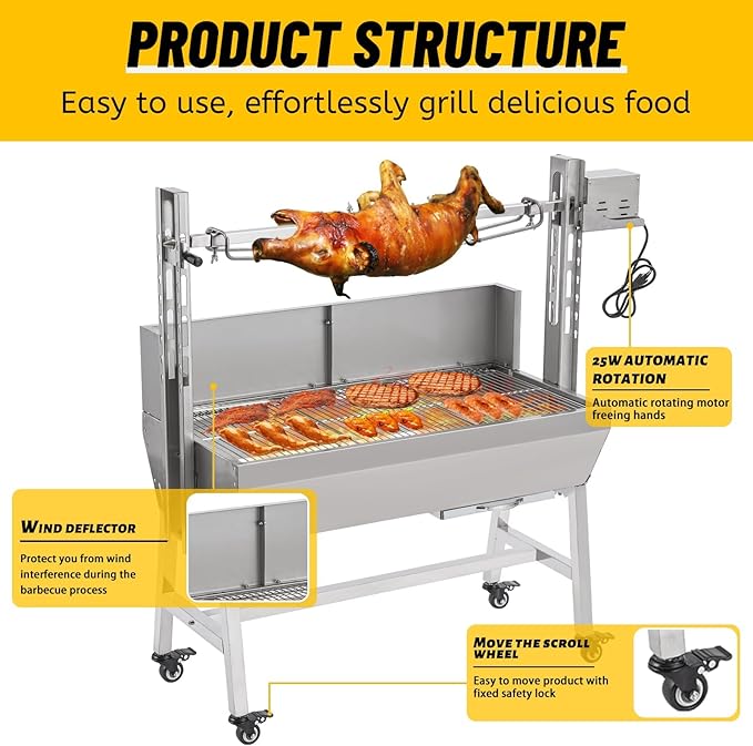 Rotisserie Grill with Back Cover Guard, 25W Motor 55 Inch Stainless Steel Small Pig Lamb Rotisserie Roaster, BBQ Charcoal Rotisserie Grill for Camping Party, Outdoor Kitchen (60KG)