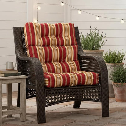 Outdoor Tufted High-Back Chair Cushions, One-Piece Hinged Seat and Back Design, Reversible with 4 Ties, Durable Polyester Fabric, Recycled Fiber Fill - Single, Roma Stripe