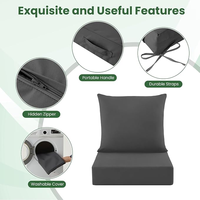 Patio Cushions for Outdoor Furniture, 24x24 Outdoor Couch Cushions, Waterproof & Fade-Resistant Patio Chair Cushions with Removable Cover, Replacement Outdoor Deep Seat Cushion, Dark Grey (Set of 1)
