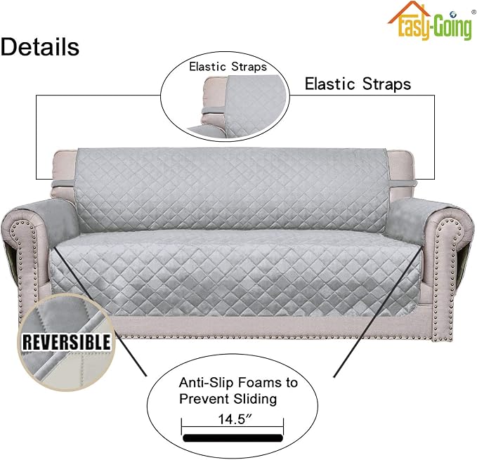 Easy-Going Chair Sofa Slipcover Reversible Sofa Cover Water Resistant Couch Cover Furniture Protector Cover with Elastic Straps for Pets Kids Children Dog Cat (Chair, Light Gray/Ivory) | Machine Washable Slipcover For Dogs, Water Resistant Furniture Ma...