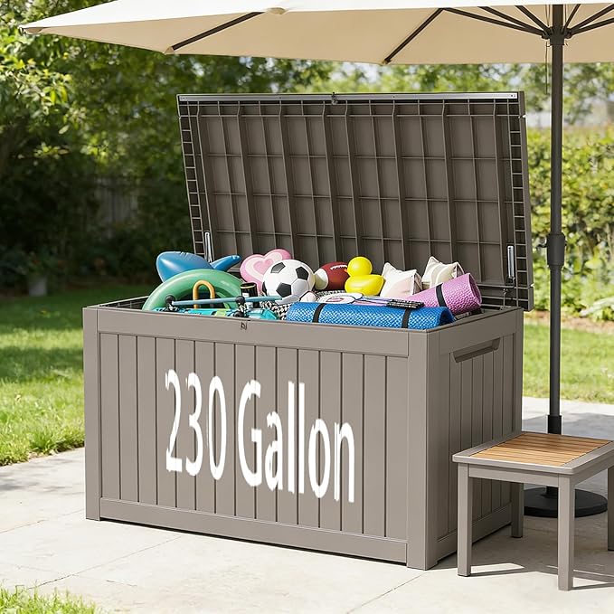 FEFLO 230 Gallon Waterproof Resin Outdoor Storage Box, Lockable & UV Resistant Patio Deck Boxes, Outside Storage for Patio Cushions, Pool Toys, Garden Tools & Package Delivery, Brown