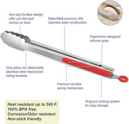 Premium 304 Stainless Steel Tongs Set – 12" Grill Tongs & 9" Cooking Tongs, Heat Resistant up to 600°F, Wavy Grip Head, Non‑Slip Handle with Locking Clip & Hanging Loop, Dishwasher Safe, Red