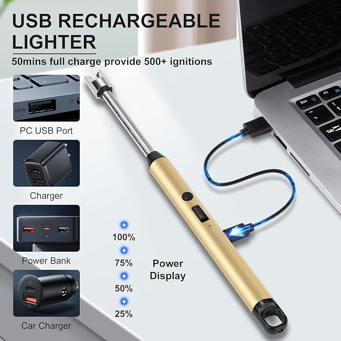 Upgraded 2 Pack Electric Candle Lighter with 360° Flexible Neck & Safety Lock, Windproof USB Rechargeable Flameless Arc Long Lighters for Grill, BBQ, Camping, Fireplace, Stove (Black & Gold)
