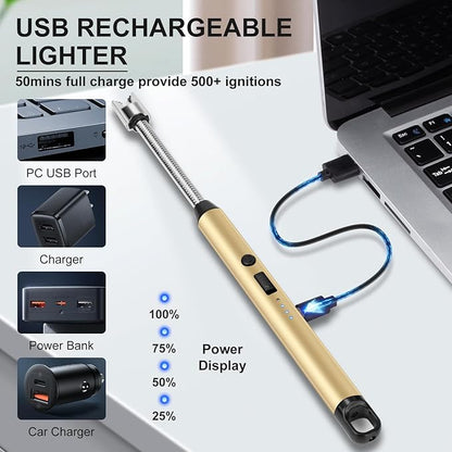 Upgraded 2 Pack Electric Candle Lighter with 360° Flexible Neck & Safety Lock, Windproof USB Rechargeable Flameless Arc Long Lighters for Grill, BBQ, Camping, Fireplace, Stove (Black & Gold)