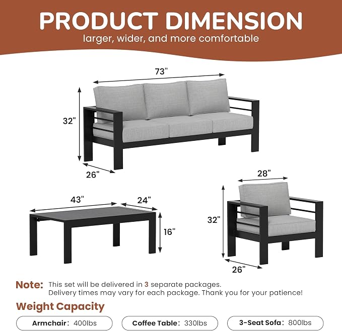 Solaste 5-Seaters Aluminum Outdoor Patio Furniture Set, Patio Sectional with 5" Thick Cushion, Outdoor Furniture with Coffee Table, Patio Sofa for Porch, Backyard, Deck, Yard, Light Grey