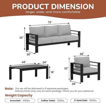 Solaste 5-Seaters Aluminum Outdoor Patio Furniture Set, Patio Sectional with 5" Thick Cushion, Outdoor Furniture with Coffee Table, Patio Sofa for Porch, Backyard, Deck, Yard, Light Grey