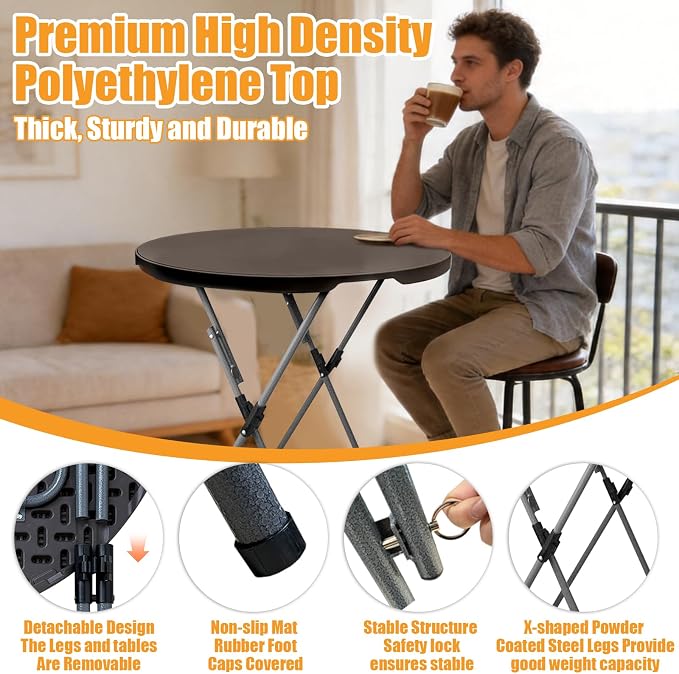GUAGUA 32in Folding Cocktail Table, Bar Height, Round,High Top,Brown | 32in round bar-height tables with foldable legs for parties, weddings, catering, and portable indoor or outdoor setups.