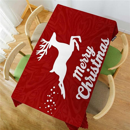 Swono Merry Christmas Tablecloths Flying Xmas Reindeer Floral Red Kitchen Dinning Tabletop Decoration, Polyester Table Cover for Indoor Outdoor 50x72 Inch Tablecloth