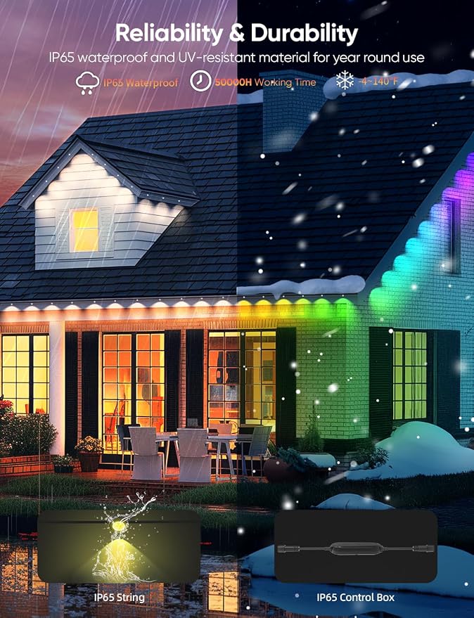 APPECK Permanent Outdoor Lights 50FT with 36 LEDs, Smart Eaves Lights RGBW | Waterproof Outdoor String Lights, 110+ Scene Modes, 40LM Warm White, for Daily/Holiday Decor, App/Voice/Remote Control, Black