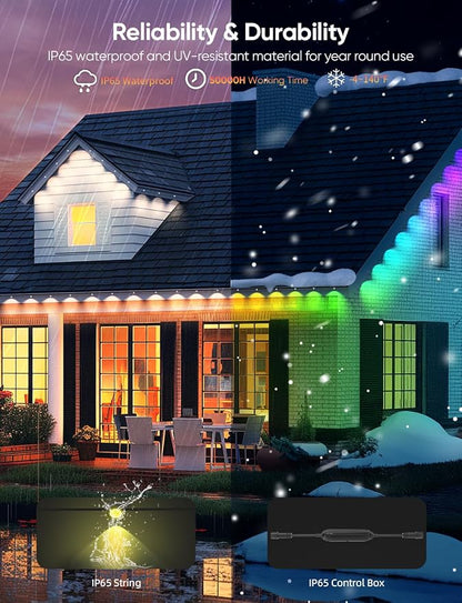 APPECK Permanent Outdoor Lights 50FT with 36 LEDs, Smart Eaves Lights RGBW | Waterproof Outdoor String Lights, 110+ Scene Modes, 40LM Warm White, for Daily/Holiday Decor, App/Voice/Remote Control, Black