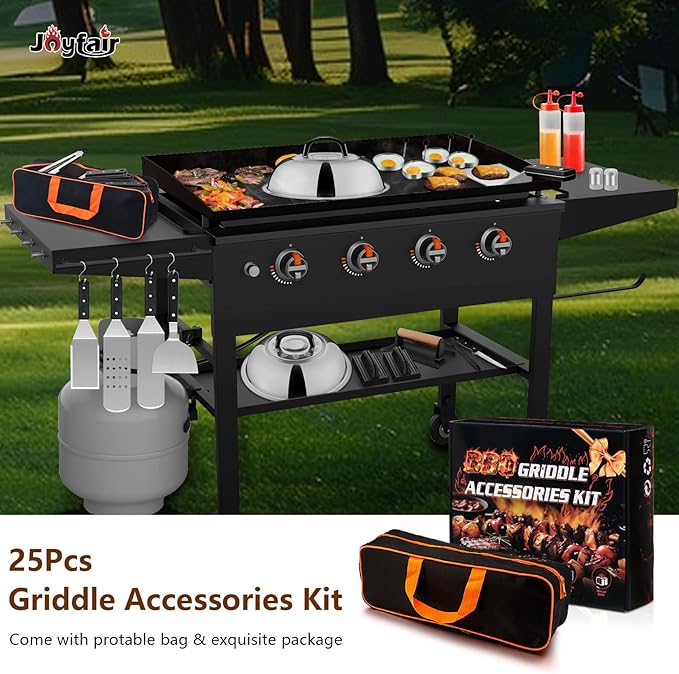 25Pcs Griddle Accessories Kit for Blackstone, Joyfair Stainless Steel Flattop Grilling Spatula Accessory Tools Set with Smash Burger Press Basting Cover for Outdoor BBQ Hibachi Cooking (ABS Handle)