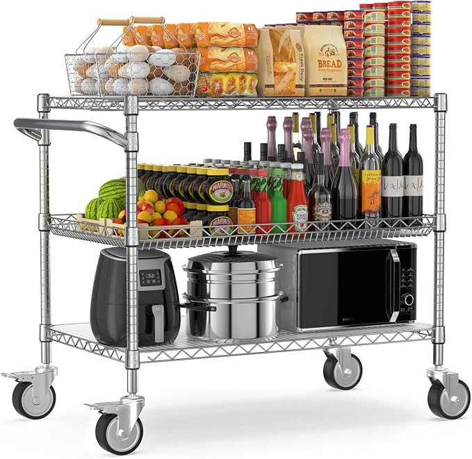 Commercial Rolling Utility Cart,45In Large Kitchen Carts with Wheels | 3 Tier Heavy Duty Serving Cart with Handle & Shelf Liners, NSF Storage Cart for Restaurant,45"D x 25"W x 39"H-Chrome