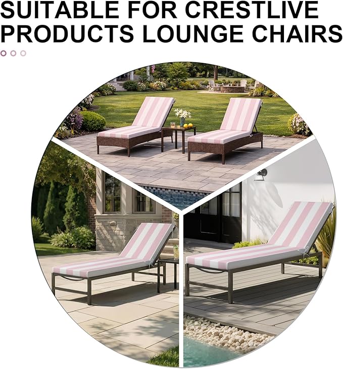 Crestlive Products Outdoor Chaise Lounge Cushions Set of 2, 3 Years Fade Resistant Water Resistant Lounge Chair Cushion, 72''L x 21''W, Pink White Stripe