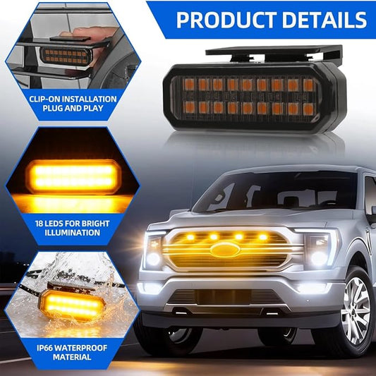 18LED Amber Front Grille Light with Wiring Harness, Universal Clip-On, 4Pcs | Plastic Shell, Truck Grill Lights, For Trucks SUV and Pickups