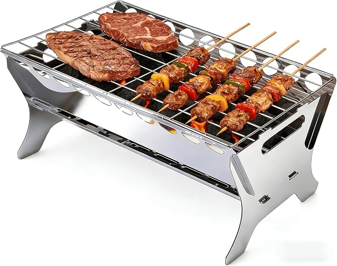 Portable Charcoal Grill, Stainless Steel BBQ Grill – 9x10x17 inch Folding Firepit Grill for Camping, Backyard, Picnic & Outdoor Cooking