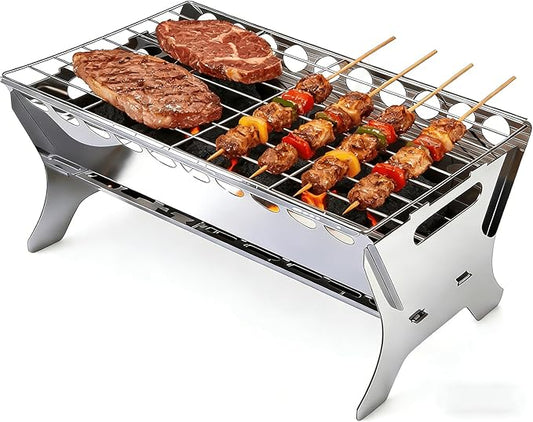Portable Charcoal Grill, Stainless Steel BBQ Grill – 9x10x17 inch Folding Firepit Grill for Camping, Backyard, Picnic & Outdoor Cooking
