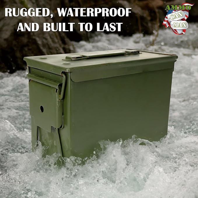U.S. G.I. M2A1 50 Cal Ammo Can Organizer (OD Green) - Watertight Seal Metal Storage Box w/ Hinged Lid & Secure Latch – Ideal Ammo Can Surplus for Gear, First Aid, & Survival Supplies | First Aid | & Survival Supplies | Keeps Cans Locked In