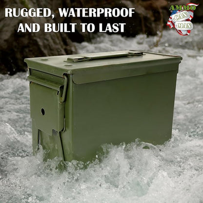 U.S. G.I. M2A1 50 Cal Ammo Can Organizer (OD Green) - Watertight Seal Metal Storage Box w/ Hinged Lid & Secure Latch – Ideal Ammo Can Surplus for Gear, First Aid, & Survival Supplies | First Aid | & Survival Supplies | Keeps Cans Locked In