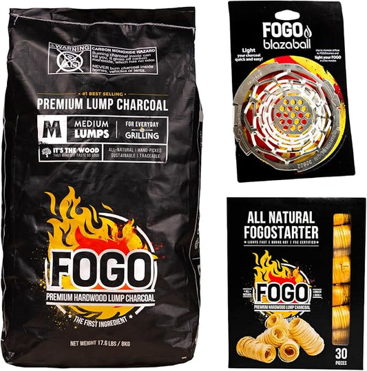 FOGO Premium Hardwood Natural Medium Sized Lump Charcoal 17.6 Pound Bag, Fogostarters Natural Fire Starters and Blazaball Bundle