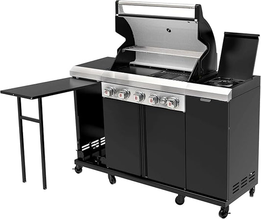 Flintex 5-Burner Propane Gas Kitchen Grill Island with Side Burner,52,000 BTU Stainless Steel BBQ Outdoor Griddle Grill Combo with LPG/NG Convertible and Storage Cabinets & Fold-out Table, Black
