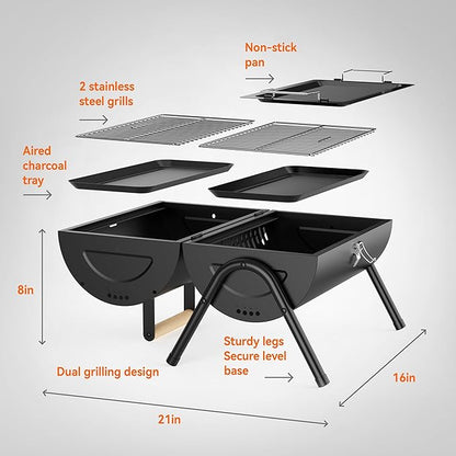 KEYO GRILL Portable Charcoal Grill, 2 IN 1 Double-Sided Small Tabletop Barbecue Grill with Enameled Baking Dish, Heavy Duty small charcoal grill for Outdoor Camping BBQ Grilling Backyard Party Cooking