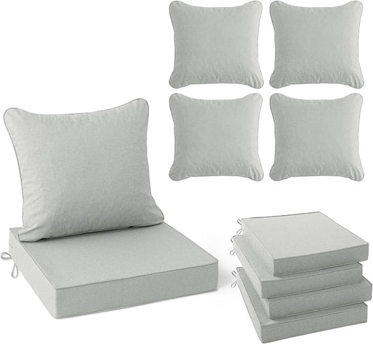 Summsun Patio Cushions for Outdoor Furniture, Faux Linen Water Resistant Backrest and Deep Seat Cushion Set with Non-Slip Bottom, Ties, Removable Cover, 22 x 22 Inch, Light Grey, Set of 4