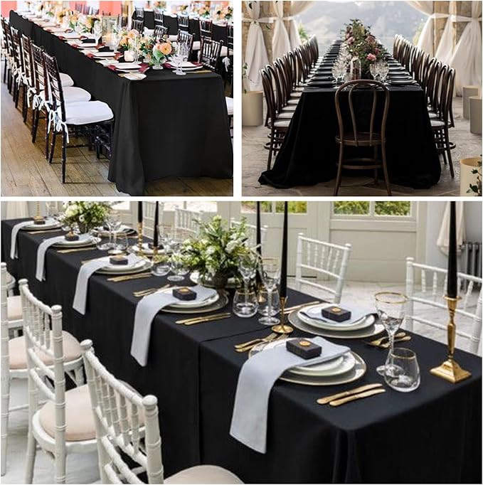 12 Pack Black Tablecloths 60 x 126 Inch Rectangle For 8 Foot Tables | Wrinkle Resistant, Washable Polyester Fabric, Rectangular Table Cloth for Wedding Party Banquet Buffet and Camping